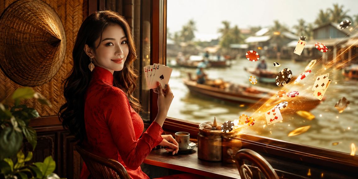 Người phụ nữ mặc áo dài chơi bài tại vùng đồng bằng sông Cửu Long với không khí truyền thống