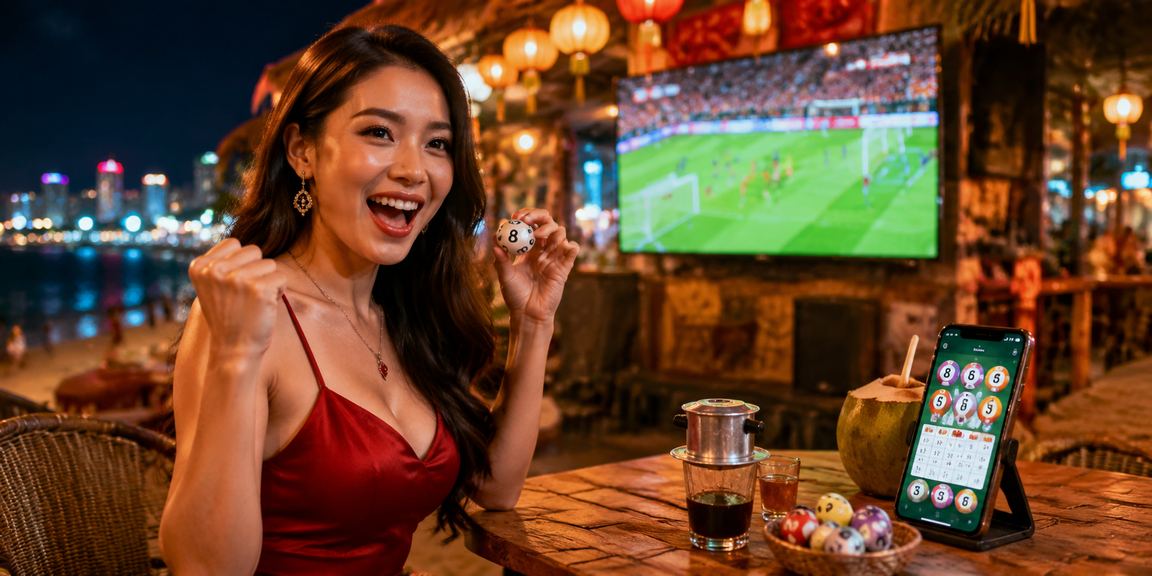 Người dùng tại Nha Trang theo dõi kết quả xổ số và thể thao bên bờ biển với tách cà phê